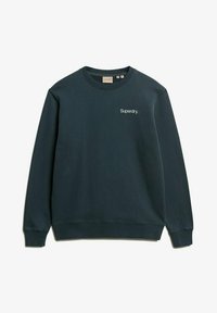 Sudadera verde oscura de mezcla de algodón, con cuello redondo y puños de canalé, que presenta un pequeño logo blanco de "Superdry" en el pecho.