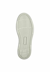 Suola di una scarpa in gomma di colore grigio chiaro con un motivo di battistrada testurizzato a zigzag. Presenta marchio e indicazione della taglia al centro. Bordo liscio.