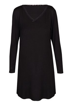 Black long-sleeve nightdress with a V-neck, lace trim along the neckline, and a loose fit that tapers at the hips. Soft fabric texture.