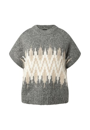 Kurzärmeliger grauer Strickpullover mit weißem und beigem geometrischem Muster auf der Brust und einem gerippten Rundhalsausschnitt und Bund.