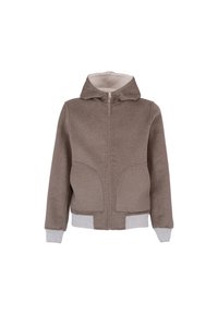 Giacca a cappuccio marrone con zip frontale, dotata di due tasche anteriori e polsini e orlo a coste grigie. Texture morbida, design casual.