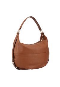 Bruine leren hobo-tas met een zachte, gestructureerde oppervlakte. Kenmerkt zich door een gebogen ontwerp, een brede schouderriem en accenten van goudkleurig beslag.