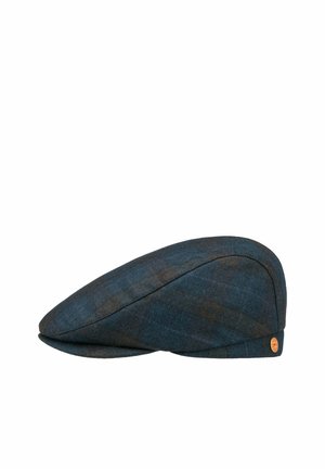 Flat dark blue and brown plaid patterned flat cap with a small round leather emblem on the side.
