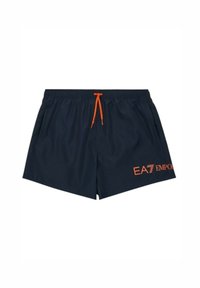 Costumi da bagno blu navy in tessuto leggero, dotati di una cintura elastica con cordoncino arancione, tasche laterali e un design con logo arancione.