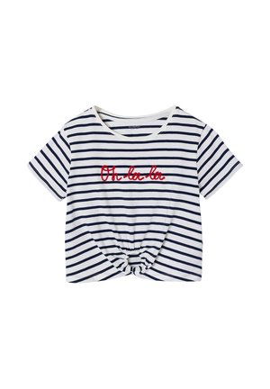 White and navy striped short-sleeve crop top with front knot and red "Oh la la" embroidery across the chest.