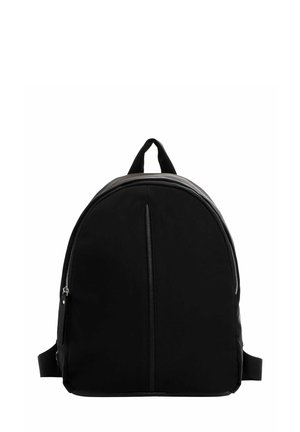 Black backpack with rounded top, central vertical seam, silver zippers on sides, and a top carrying handle against a white background.
