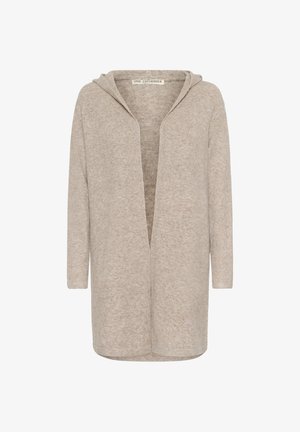 Bež dugi kardigan od mekanog materijala, sa otvorenim prednjim dijelom, kapuljačom i rukavima do tri četvrtine. Glatka tekstura, minimalistički dizajn.