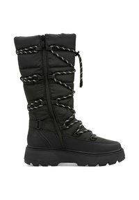 Zwarte geïsoleerde kniehoge laars met een gestructureerde afwerking, voorzien van een zijrits, bungee-schoenveters en een chunky rubberen zool voor grip.