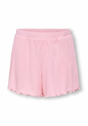 Pink ribbed fabric shorts with elastic waistband and slightly ruffled hems, displayed on a white background.