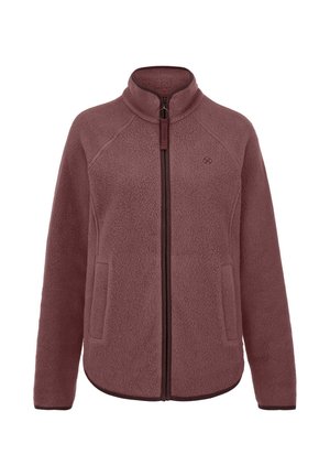 Fliederfarbene Fleecejacke mit durchgehendem Reißverschluss, hohem Kragen, langen Ärmeln, zwei Fronttaschen und dezentem gesticktem Logo auf der linken Brust.