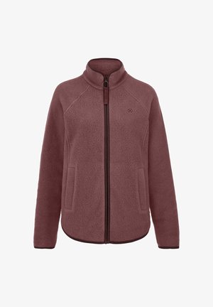 Fliederfarbene Fleecejacke mit durchgehendem Reißverschluss, hohem Kragen, langen Ärmeln, zwei Fronttaschen und dezentem gesticktem Logo auf der linken Brust.