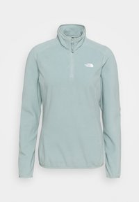 Pullover in pile azzurro con colletto alto, apertura con mezza zip e logo The North Face bianco sul lato sinistro del petto. Morbido al tatto.