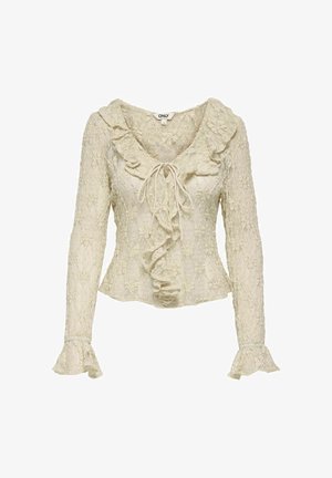 Langærmet bluse i cremefarvet blonder med blomsterprint, flæset krave og front samt bindelukning ved halsudskæringen.