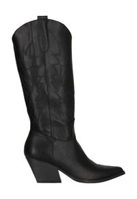 Bottes de cowboy en cuir noir avec un bout pointu, un talon bloc et des motifs de couture complexes sur la tige. Design polyvalent avec des accents classiques.