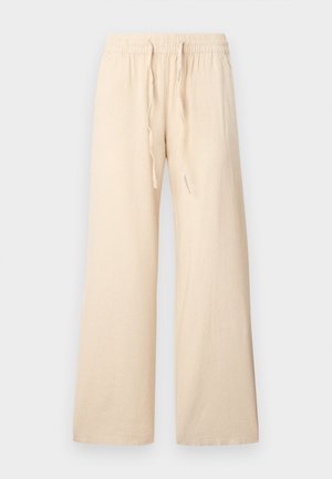 Calças bege de perna larga feitas de tecido macio, com cintura elástica e cordão, sem padrões ou detalhes visíveis.