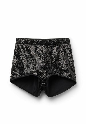 Czarne krótkie spodenki z cekinami, o dopasowanym fasonie i gładkiej podszewce od wewnątrz. Zewnętrzna część pokryta jest błyszczącymi czarnymi i srebrnymi cekinami.