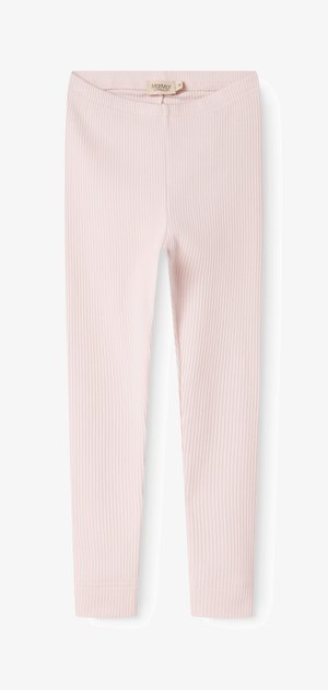 Lys rosa ribbede leggings med elastisk midje. Jevn tekstur og tettsittende design, som smalner mot anklene. Subtile sømmer.