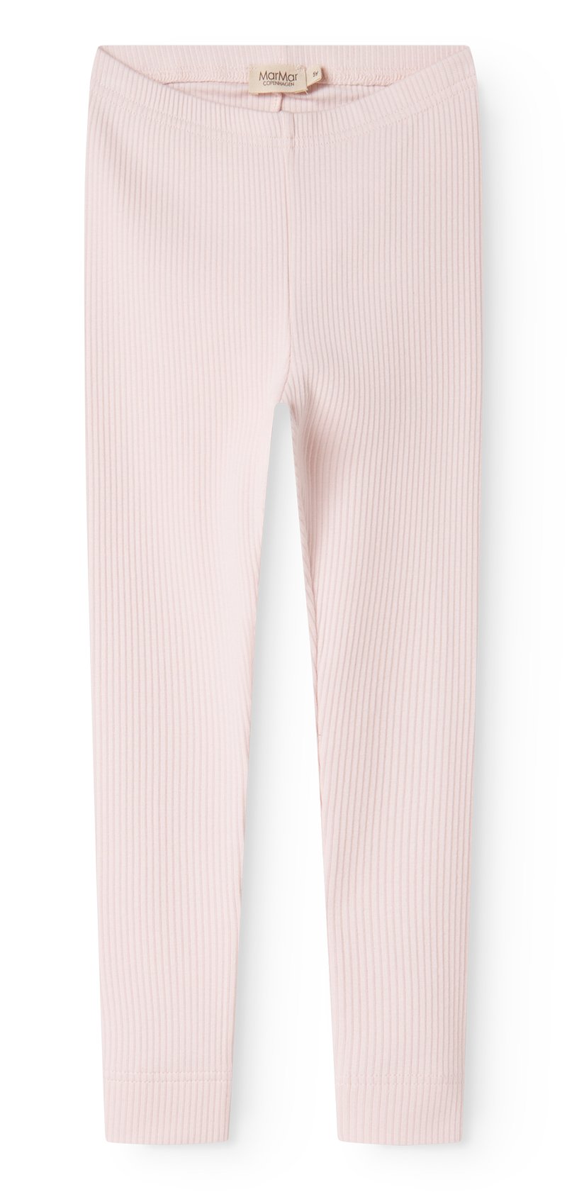 Lys rosa ribbede leggings med elastisk midje. Jevn tekstur og tettsittende design, som smalner mot anklene. Subtile sømmer.