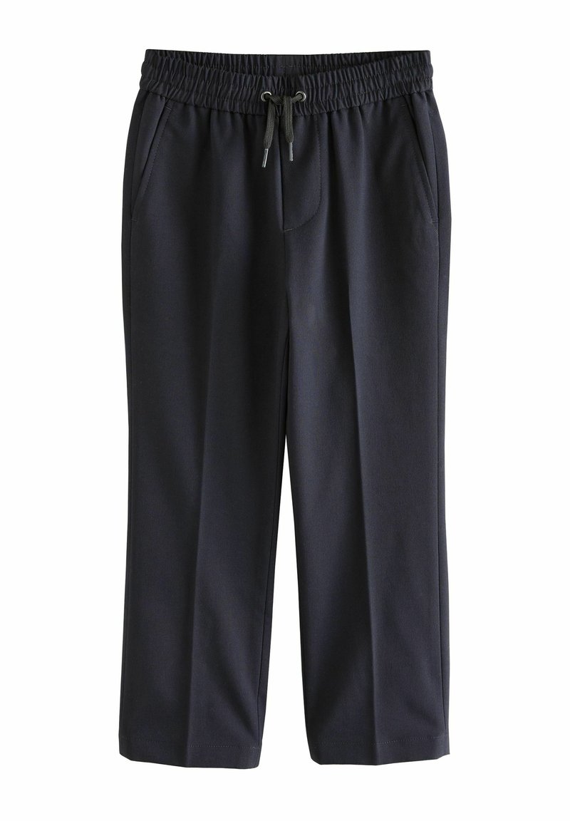 Pantalons de sport navy en tissu doux. Dotés d'une taille élastique avec cordon de serrage, de deux poches latérales et d'un design à jambe droite.