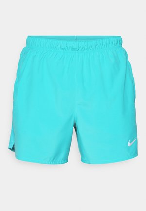 Pantalones cortos deportivos turquesa hechos de un tejido ligero. Cuentan con una cintura elástica y un logotipo de Nike blanco en la parte inferior de la pierna derecha.