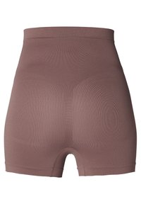 Braune hochtaillierte Formshorts mit nahtlosem Design, glatter Textur und rundem Ausschnitt am Saum. Hergestellt aus elastischem Material.