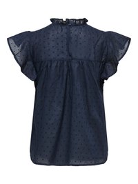 Blouse bleu marine semi-transparente avec manches volantées, motif à pois texturé, col à volants et fermeture par boutons au dos.