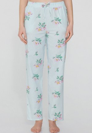 Pantalons de pyjama rayés bleu clair avec un motif floral en rose et vert. Taille élastique avec cordon de serrage. Coupe ample, tissu doux.