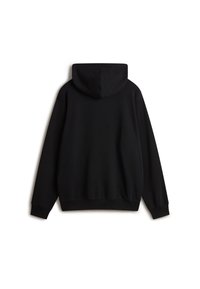 Sweat à capuche noir à manches longues avec poche kangourou sur le devant, poignets et bas en côte, vu de dos sur fond blanc.