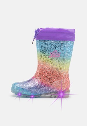 Kinderregenlaars tot halverwege de kuit met glinsterend regenboogpatroon, paarse stoffen boord en paarse lichtgevende zolen.