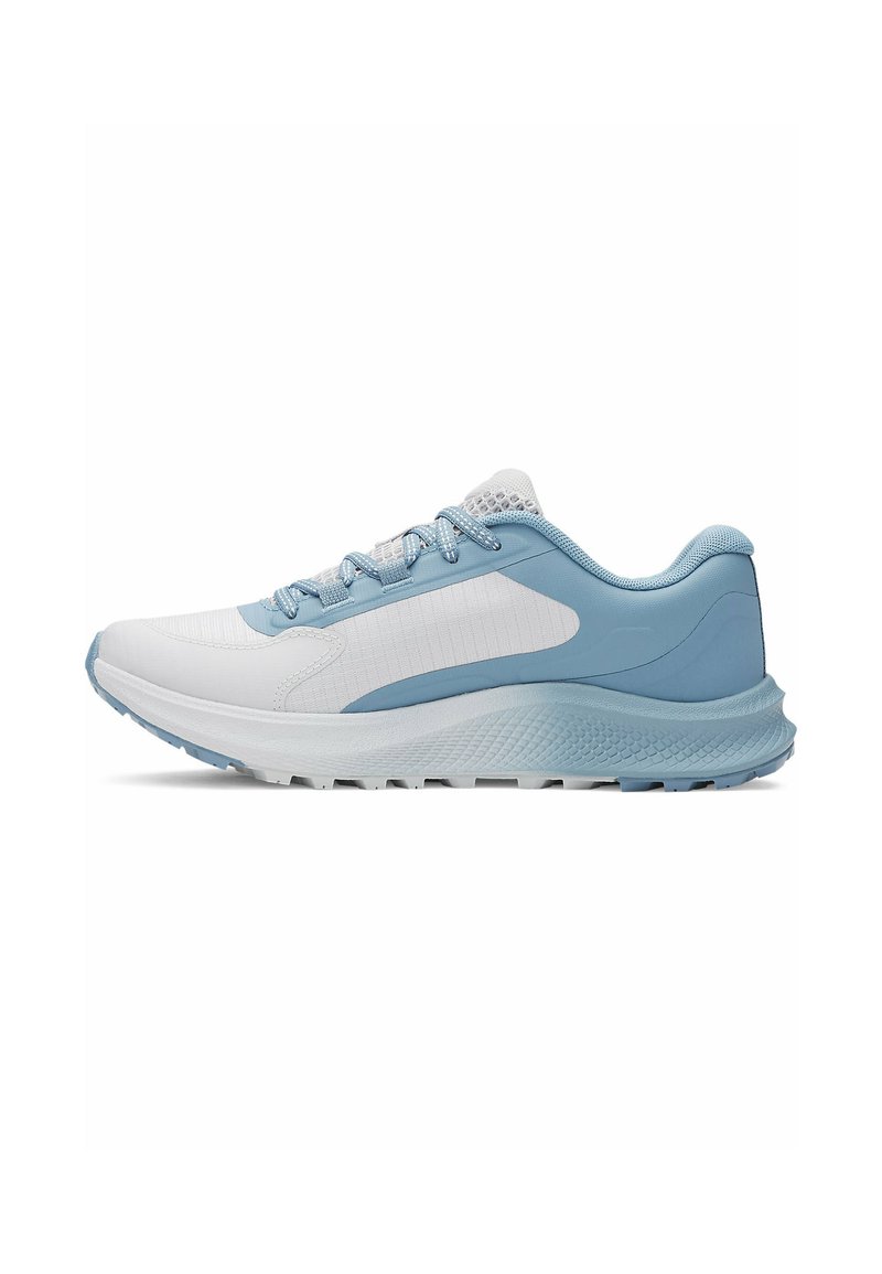 Lightweight running shoes in white and light blue. Mesh upper, rubber sole, padded collar, and symmetrical lacing for a secure fit.
