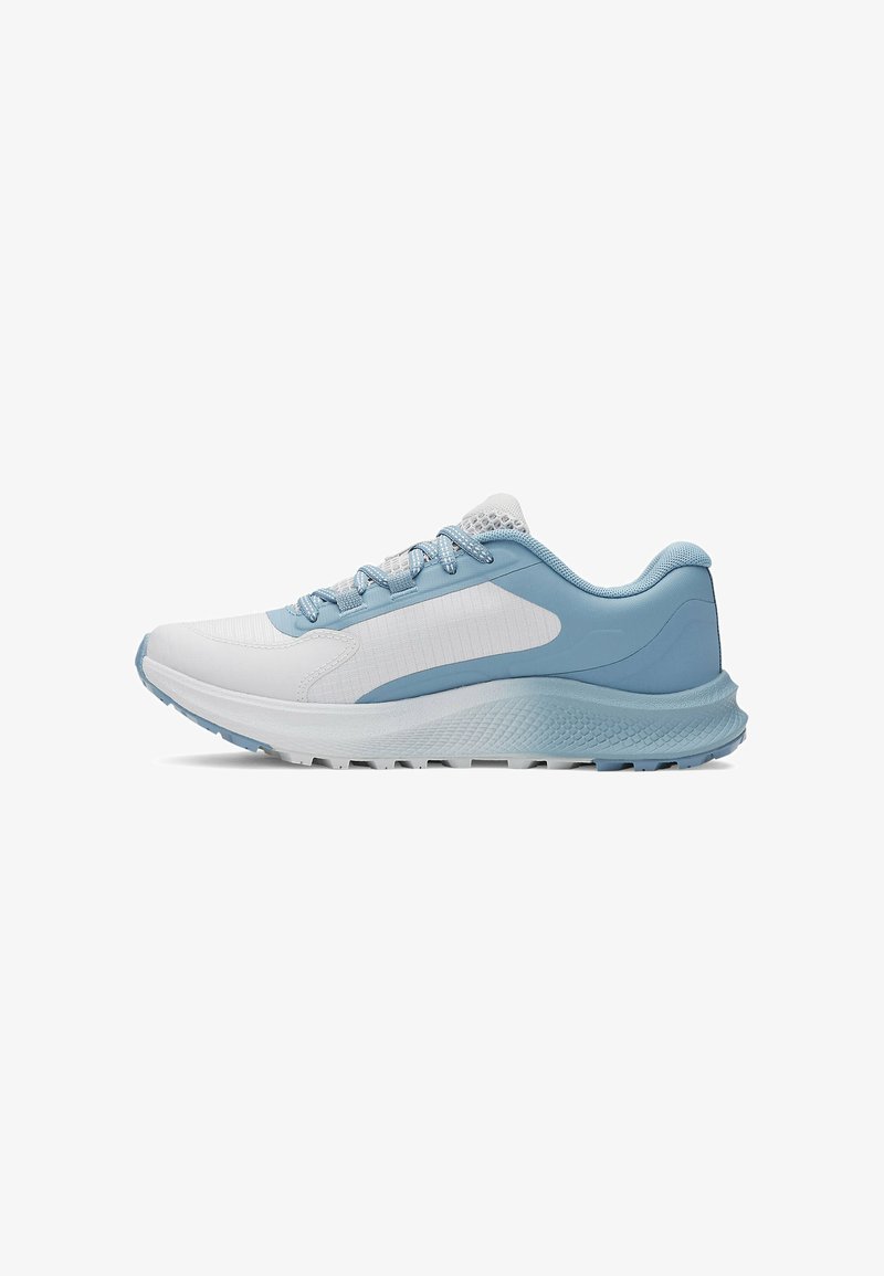 Lightweight running shoes in white and light blue. Mesh upper, rubber sole, padded collar, and symmetrical lacing for a secure fit.