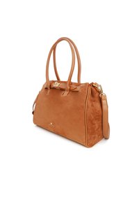 Borsa tote realizzata in suede beige con dettagli in pelle liscia, dotata di due manici e di una tracolla removibile, caratterizzata da un dettaglio del logo in tono oro.