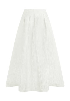 White A-line skirt with subtle textured pattern and fitted waistband, knee-length or longer.
