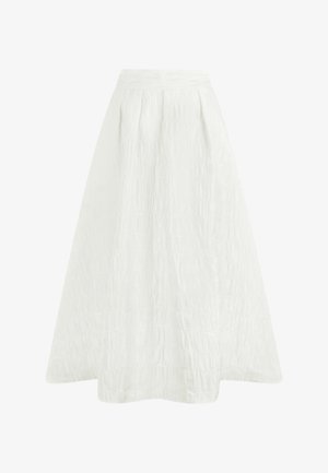 White A-line skirt with subtle textured pattern and fitted waistband, knee-length or longer.