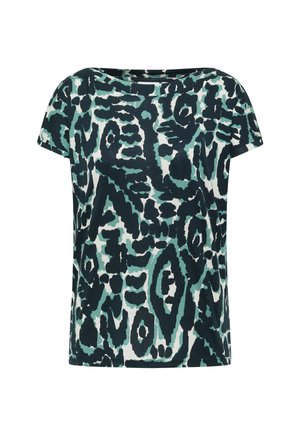Korte mouw top in een bedrukt stof met abstracte patronen in donkergroen, teal en wit; ontspannen pasvorm met een brede halslijn.