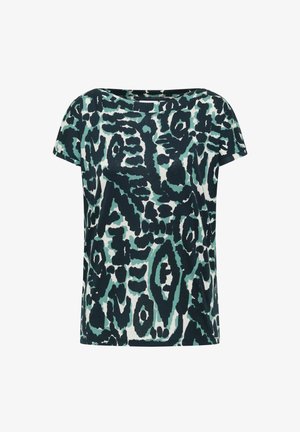Korte mouw top in een bedrukt stof met abstracte patronen in donkergroen, teal en wit; ontspannen pasvorm met een brede halslijn.