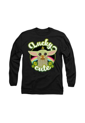 Black long-sleeve shirt featuring a cartoon character with large ears, surrounded by the text "Lucky & cute," and rainbow accents.