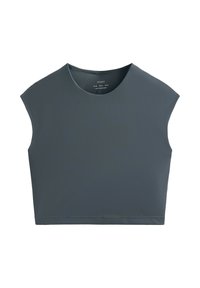 Mörkgrå ärmlös cropped top med rund halsringning och minimalistisk design.