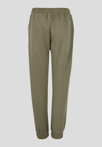 Olivengrønne sweatpants med elastisk linning og manchetter, lige pasform og sidelommer, ensartet design på grå baggrund.