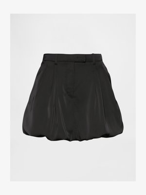 Black satin skirt with a bubble silhouette, featuring pleats and a waistband. The fabric has a smooth, glossy texture.