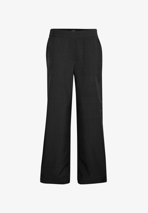 Laiad mustad püksid siledast kangast, veniva vöökoha ja küljetaskutega. Lihtne, kohandatud disain ilma dekoratiivseteta.