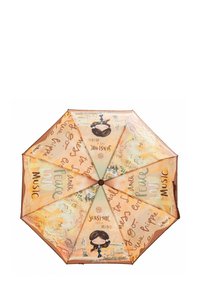 Un ombrello con toni caldi, featuring un'illustrazione di una ragazza e parole come "Stato d'animo solare", "Pace", "Amore" e "Musica" in corsivo.