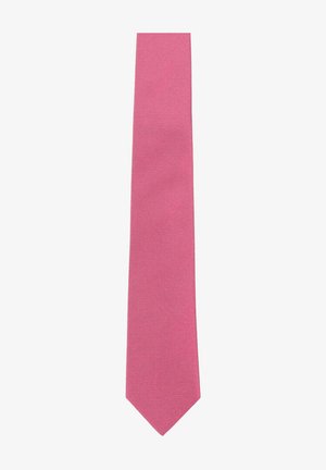 Rosa Krawatte mit glatter Textur und dezentem, geripptem Design, ausgestattet mit einem klassischen spitzen Ende. Für formelle oder geschäftliche Kleidung entworfen.