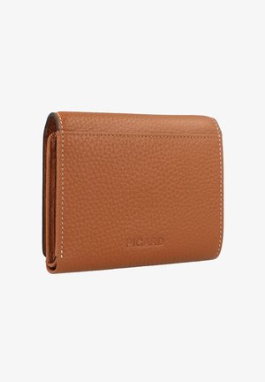 Brown textured leather wallet with visible stitching and embossed brand logo. Compact design with a clasp closure and curved edges.