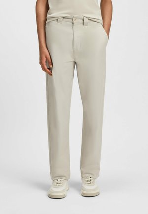 Beige trousers with a straight-leg design, featuring side pockets, a button closure, and a smooth, lightweight texture.