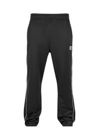 Pantaloni sportivi negri dintr-un material neted, cu un elastic la talie ajustabil, dungi albe pe laterale și un logo mic pe piciorul stâng.