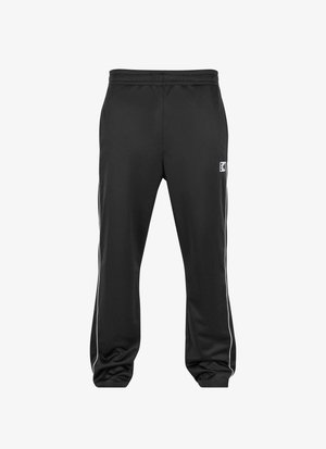 Black athletic pants made of smooth fabric, featuring a drawstring waistband, white side stripes, and a small logo on the left leg.