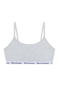 Bralette corta grigia realizzata in tessuto morbido, con spalline sottili regolabili e un bordo con logo bianco su cui è stampato "Juicy Couture" in nero.