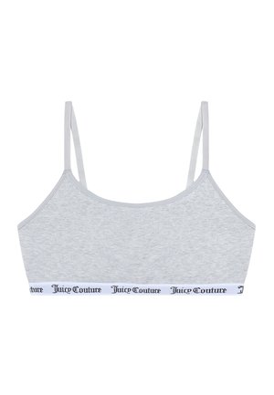 Grijze crop top bralette van zachte stof, met dunne verstelbare schouderbandjes en een witte logo band met "Juicy Couture" in het zwart gedrukt.