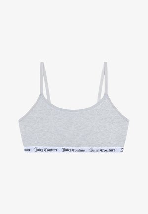 Grijze crop top bralette van zachte stof, met dunne verstelbare schouderbandjes en een witte logo band met "Juicy Couture" in het zwart gedrukt.